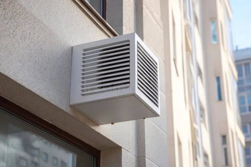 Louvered metal ventilation housing mounted on the exterior wall of a multistory building