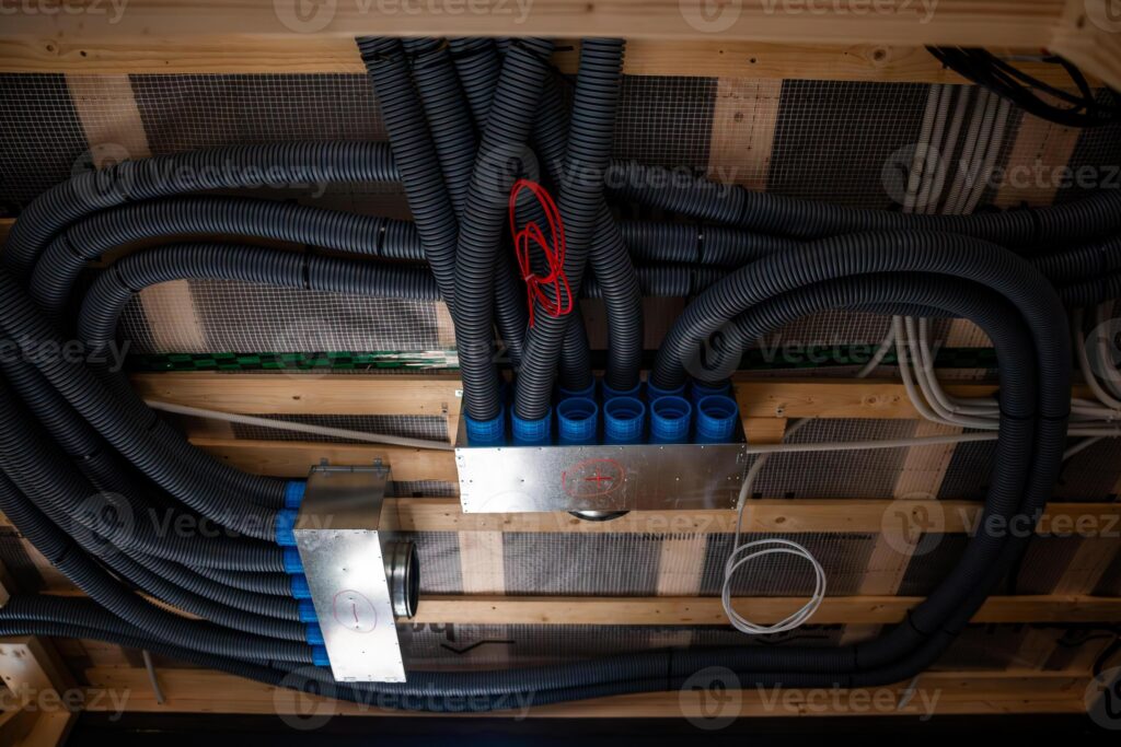 Bundles of black flexible ventilation tubes feeding into metal distribution boxes on a ceiling
